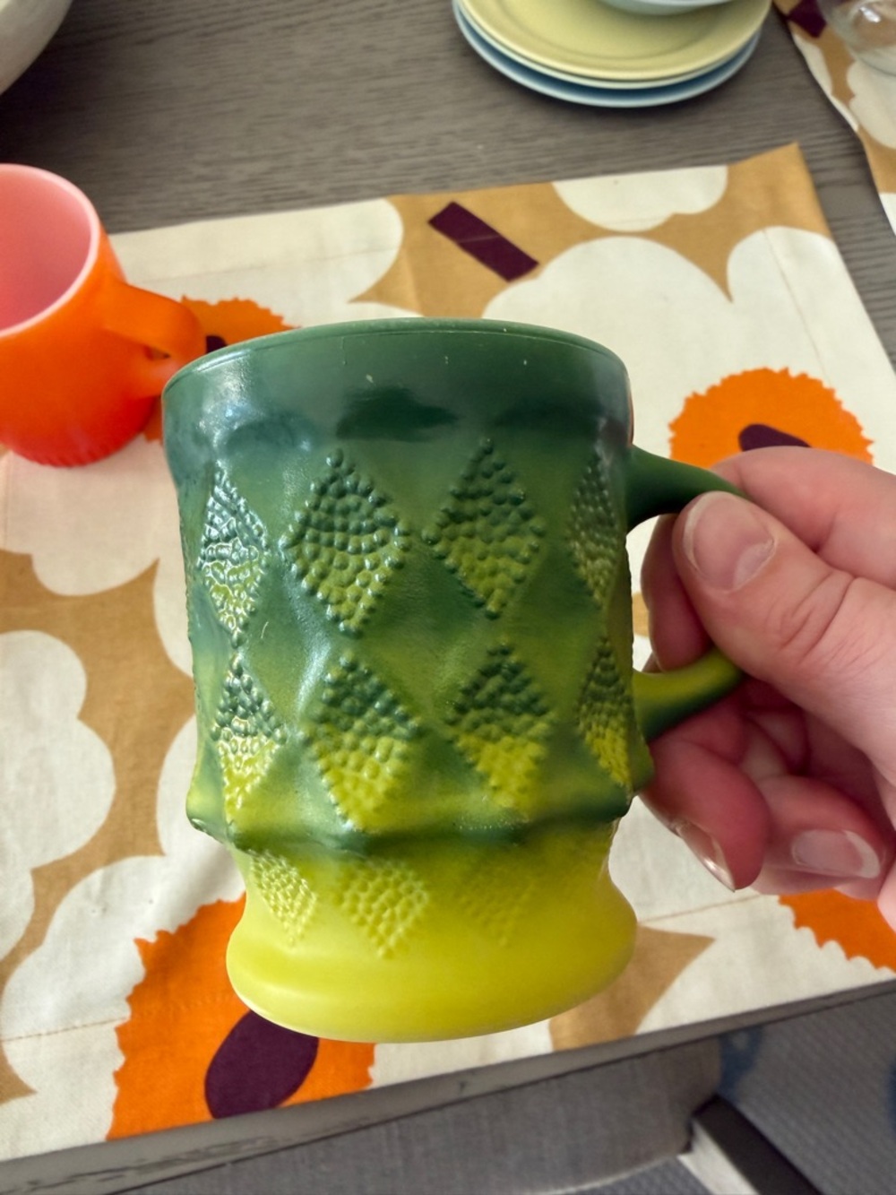 Fire King Green to Yellow Ombre Diamond-Textured Mug